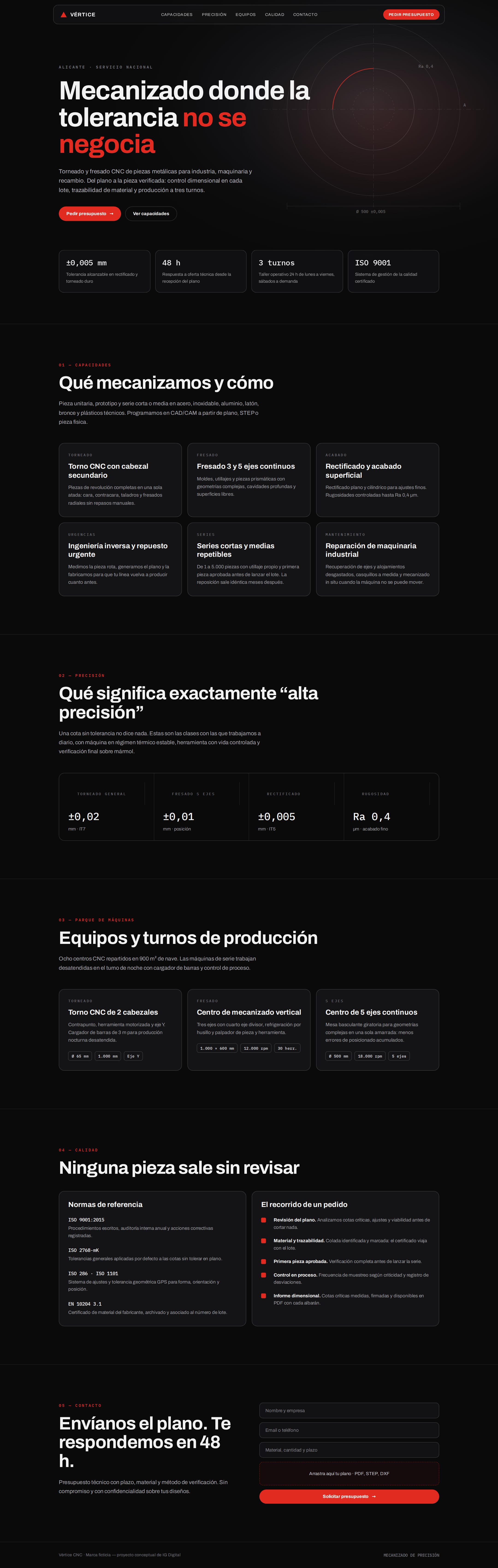 Web completa del concepto Vértice CNC: portada, capacidades, precisión, equipos, calidad y contacto